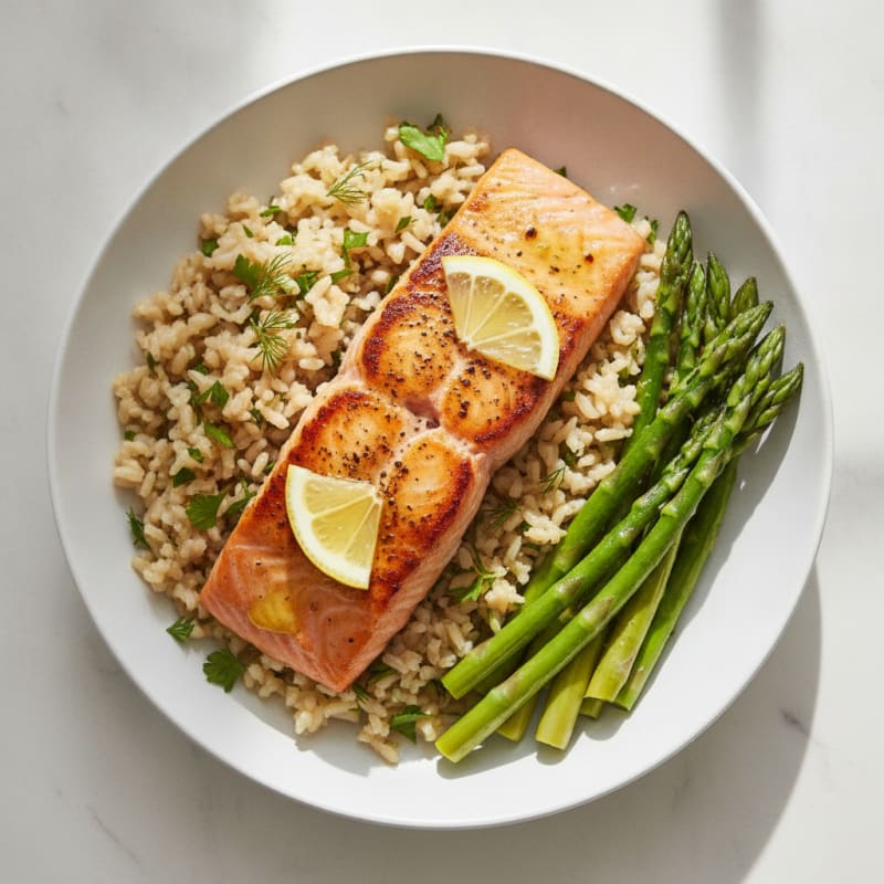 Seared Salmon with Steamed Asparagus and Lemon-Herb Brown Rice