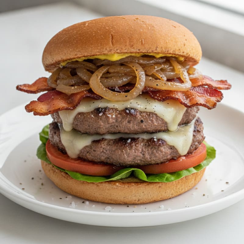 Double Bacon Cheeseburger with Caramelized Onions
