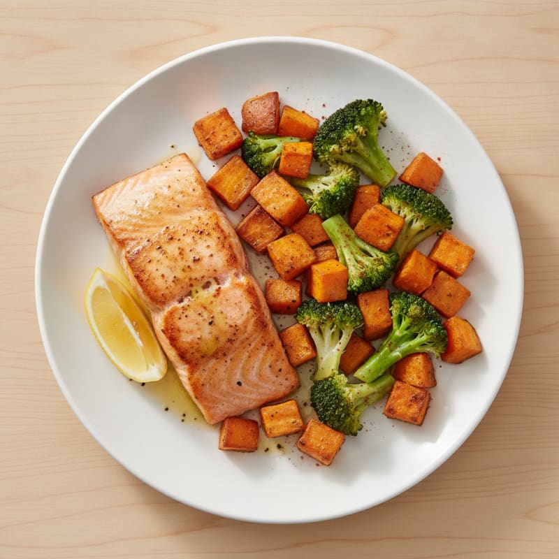 Seared Salmon with Roasted Sweet Potatoes and Broccoli