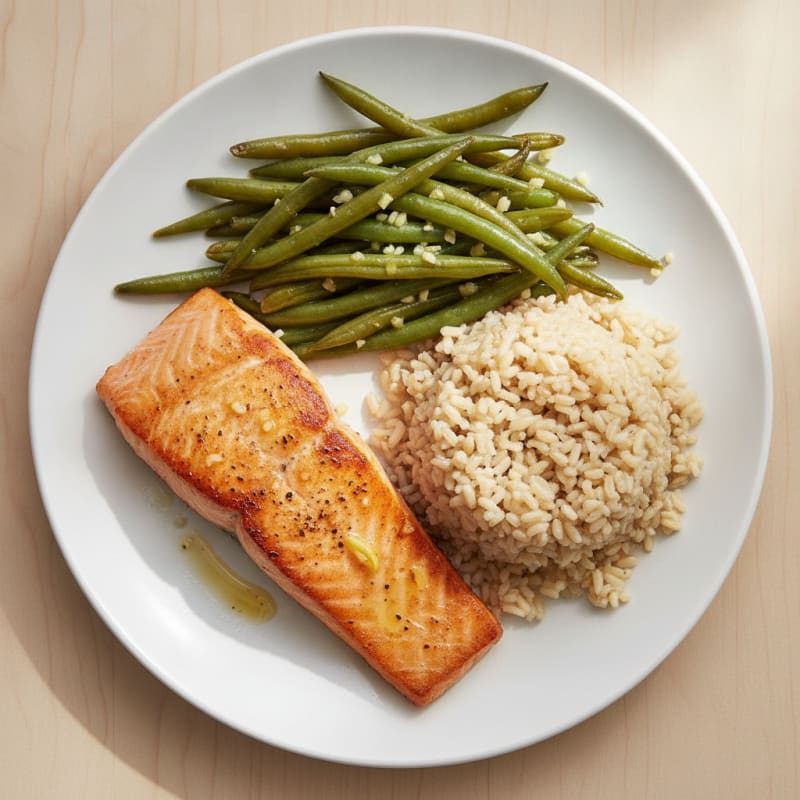 Seared Salmon with Garlic Green Beans and Brown Rice