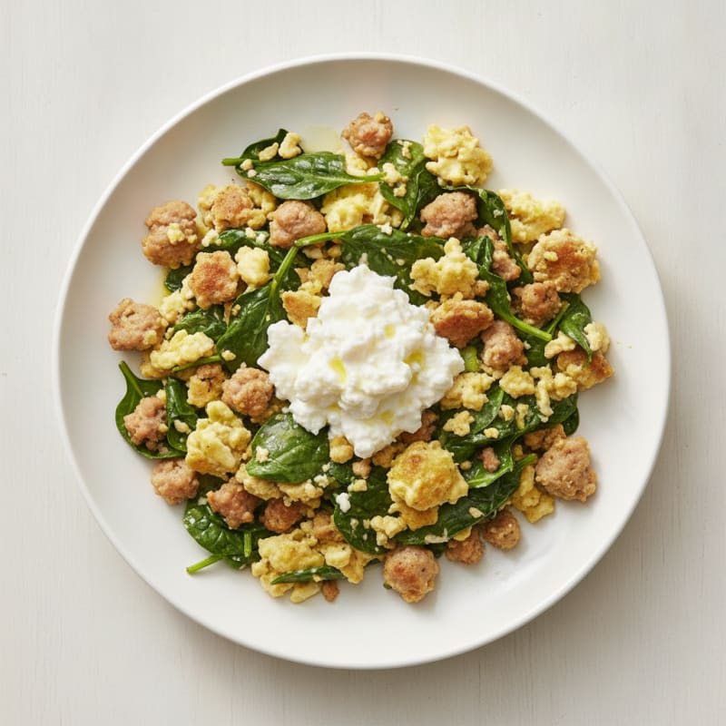 Egg White and Turkey Sausage Scramble with Spinach and Cottage Cheese