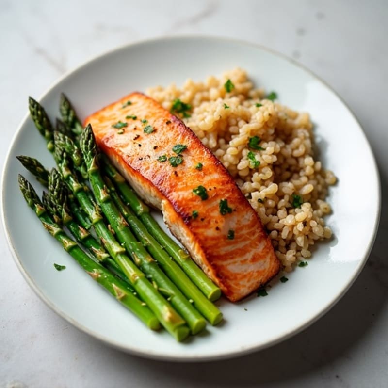 Seared Salmon with Steamed Asparagus and Brown Rice