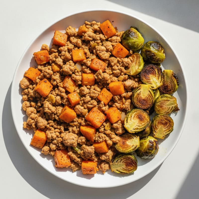 Lean Turkey and Sweet Potato Skillet with Roasted Brussels Sprouts