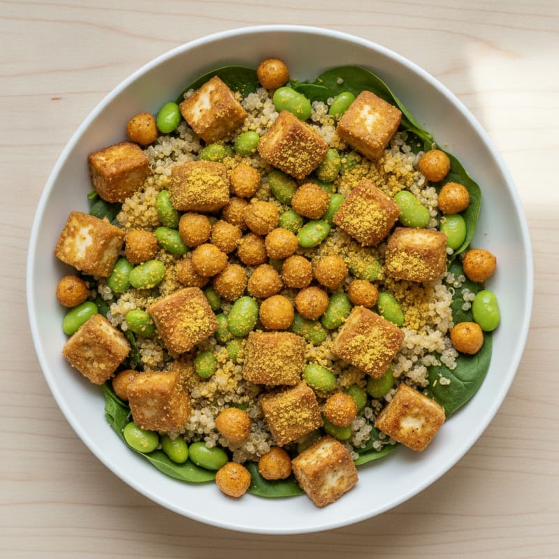 Crispy Tofu and Quinoa Power Bowl with Roasted Chickpeas
