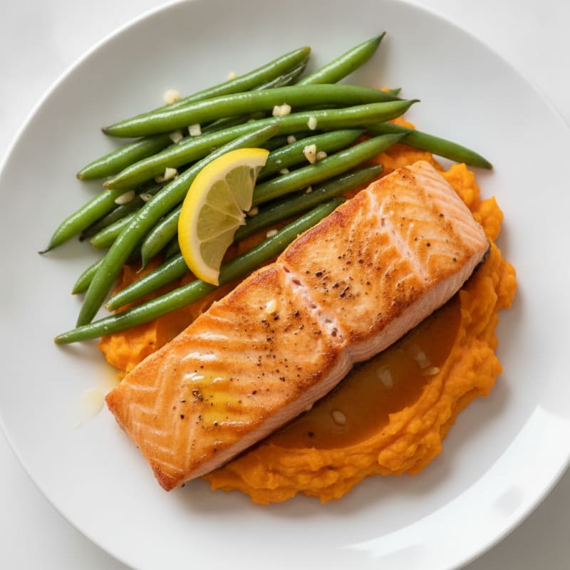Seared Salmon Fillet with Garlic Green Beans and Sweet Potato Mash