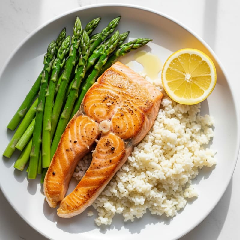 Seared Salmon with Steamed Asparagus and Cauliflower Rice