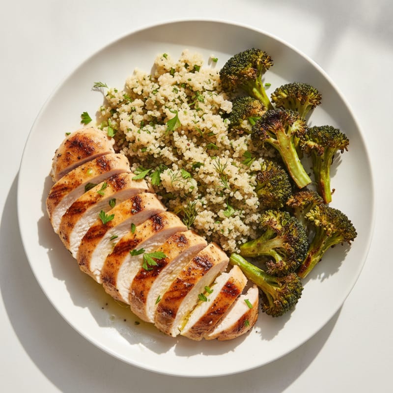 Grilled Lemon Herb Chicken Breast with Quinoa and Roasted Broccoli