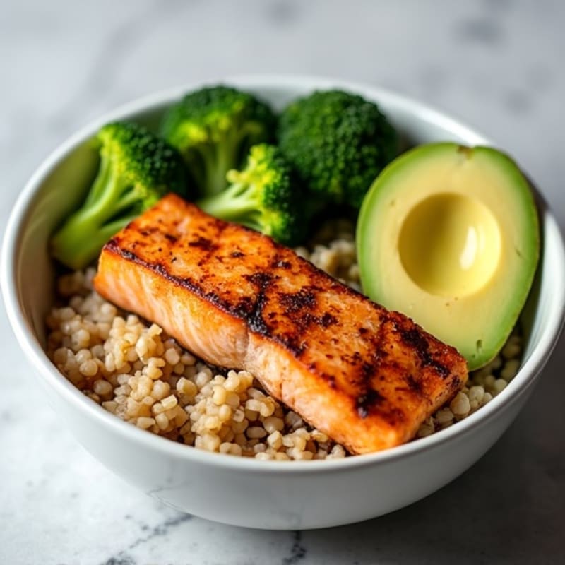 Grilled Salmon Rice Bowl with Steamed Broccoli and Avocado