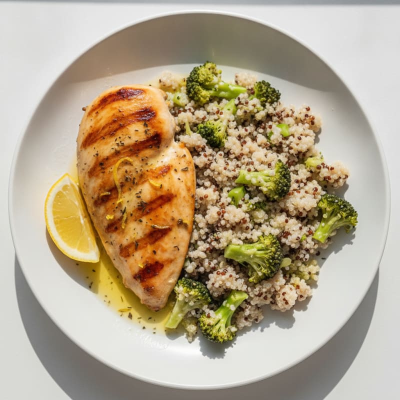 Grilled Chicken Breast with Steamed Broccoli and Quinoa
