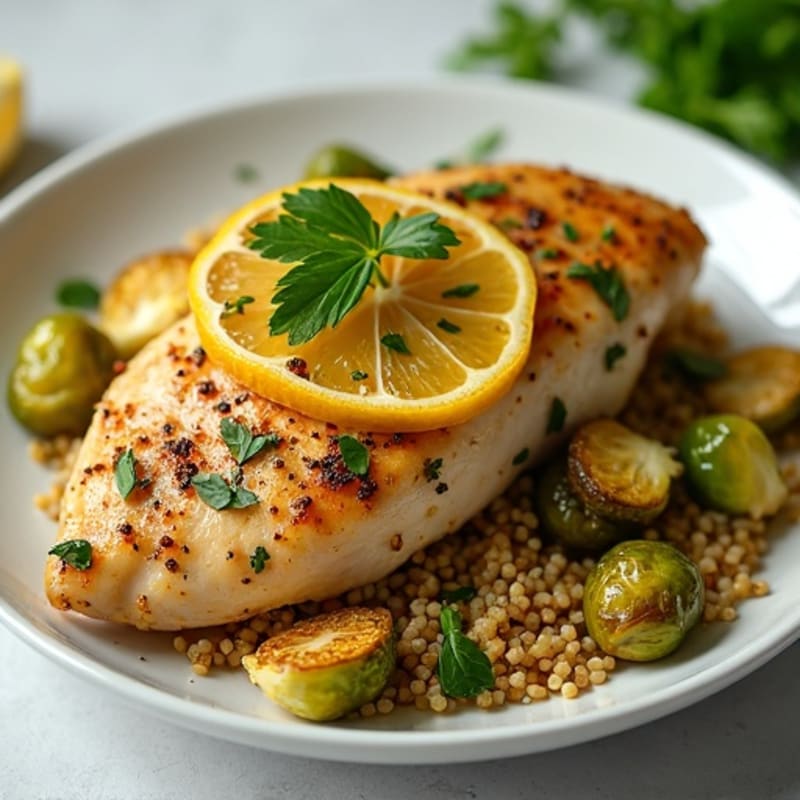 Lemon Herb Roasted Chicken with Crispy Brussels Sprouts and Quinoa