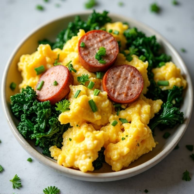 Fluffy Herb Scrambled Eggs with Fresh Sautéed Greens