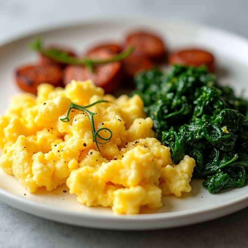 Fluffy Scrambled Eggs with Sautéed Spinach and Lean Turkey Sausage