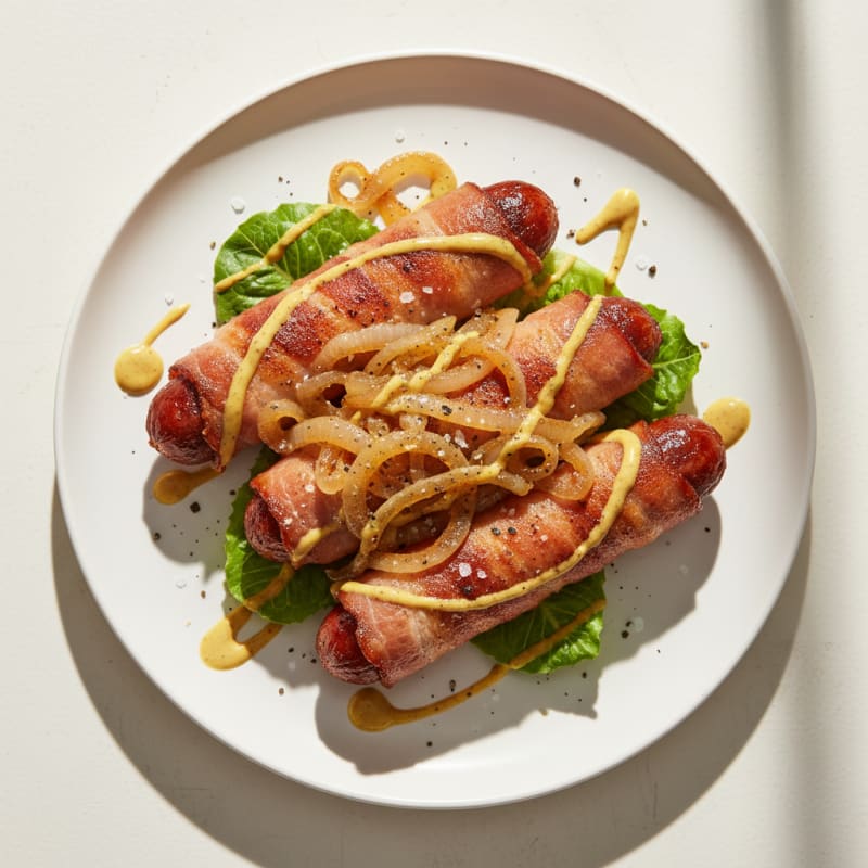 Bacon-Wrapped Hot Dogs with Caramelized Onions