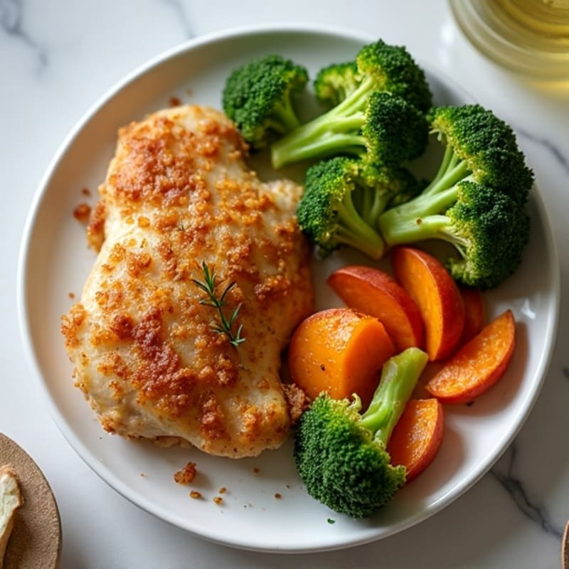Crispy Lemon Garlic Chicken with Roasted Broccoli and Sweet Potatoes