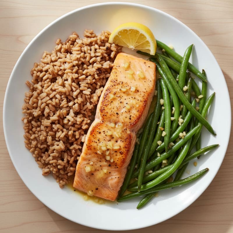 Seared Salmon Fillet with Garlic Green Beans and Brown Rice