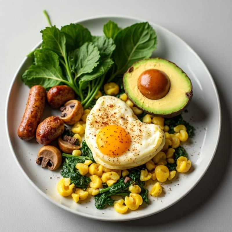 Egg White Spinach Scramble with Turkey Sausage and Sautéed Mushrooms
