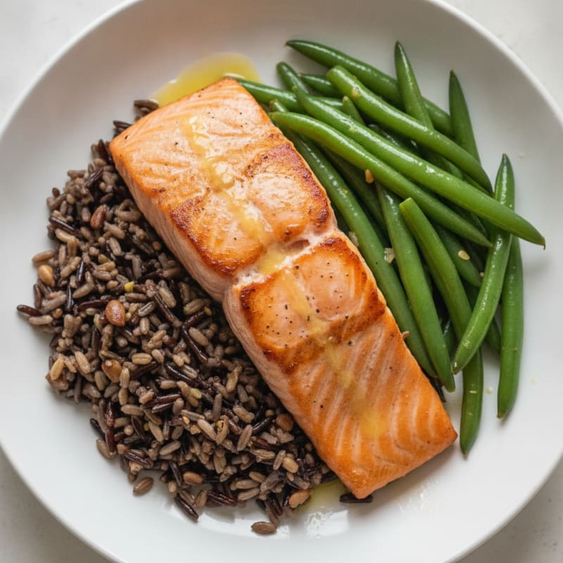 Seared Salmon Fillet with Steamed Green Beans and Wild Rice