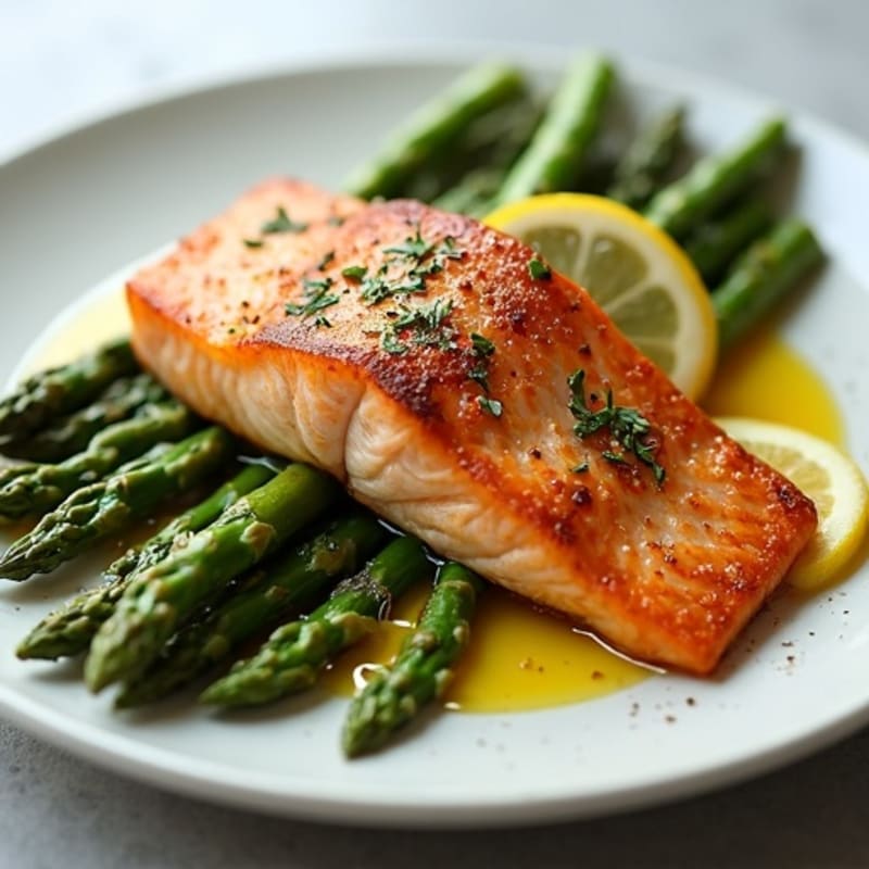 Crispy Pan-Seared Salmon with Lemon-Garlic Roasted Asparagus