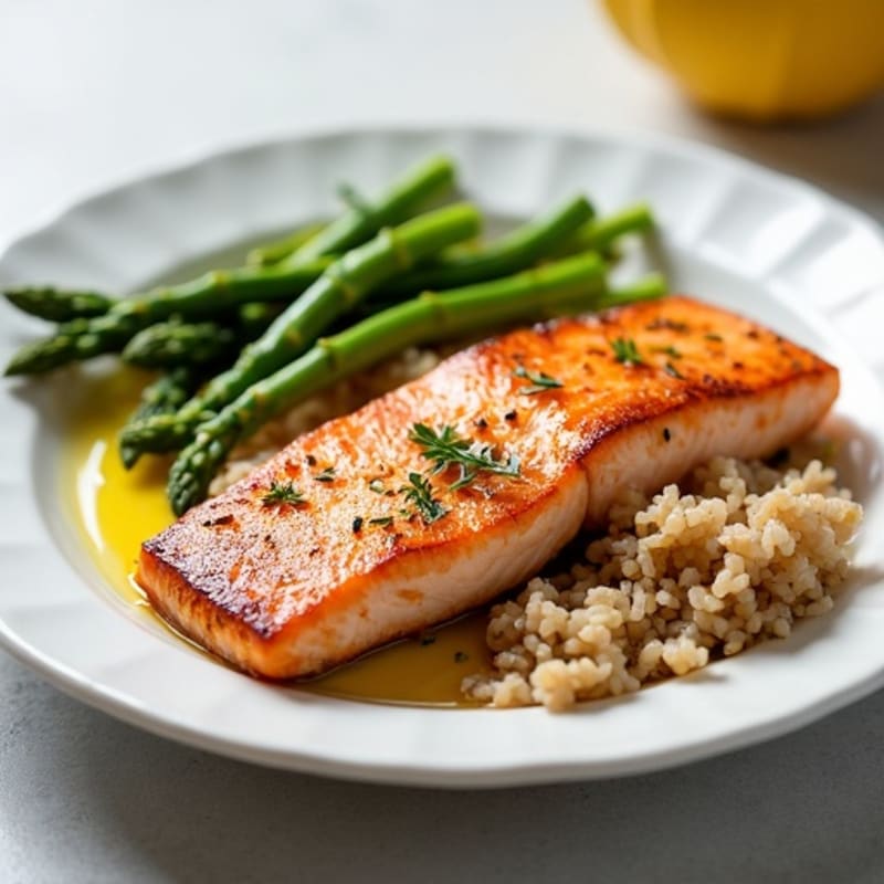 Seared Salmon with Steamed Asparagus and Brown Rice