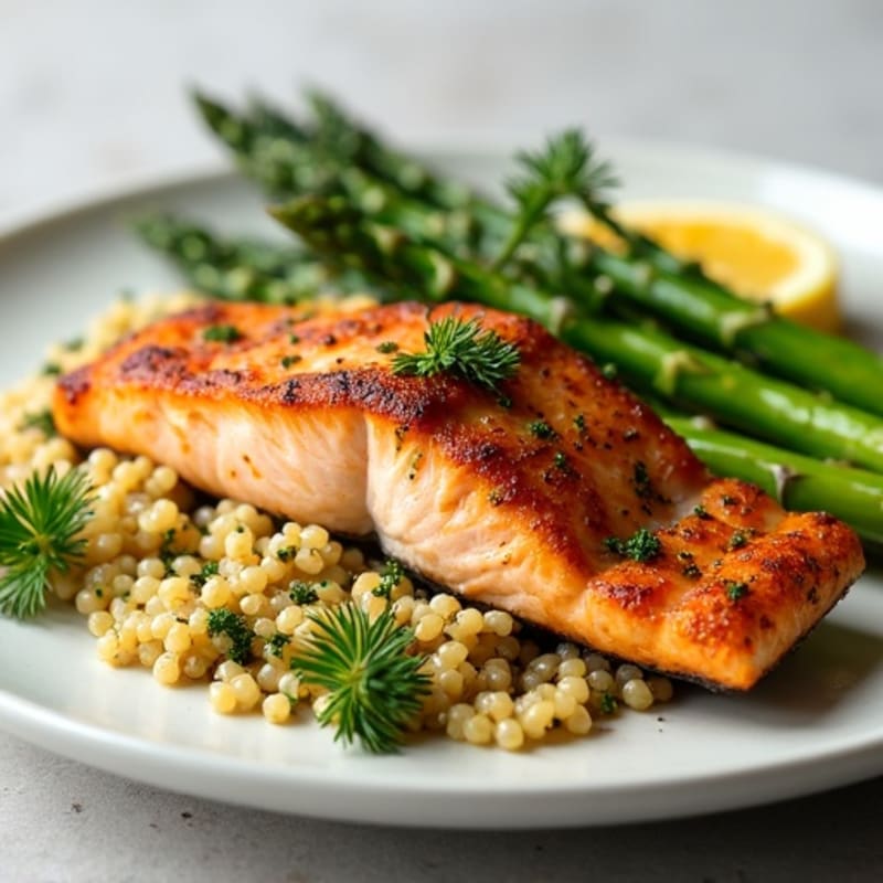 Crispy Pan-Seared Salmon with Lemon Herb Quinoa and Roasted Asparagus