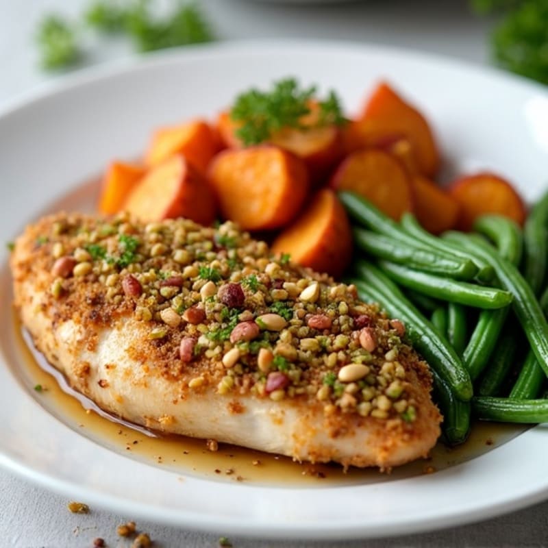 Crispy Pistachio-Crusted Chicken with Cinnamon-Roasted Sweet Potatoes and Green Beans