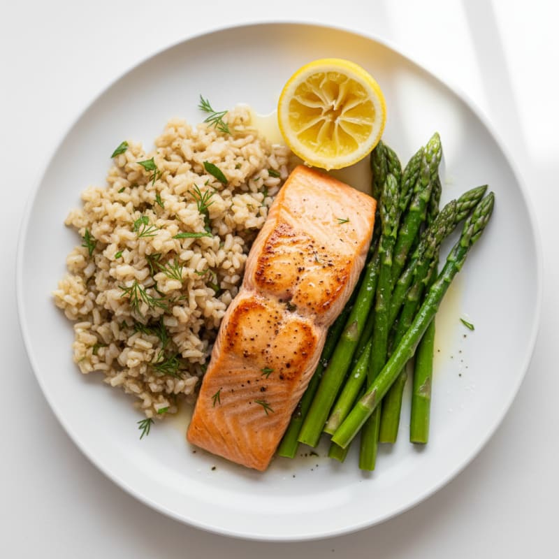 Seared Salmon with Steamed Asparagus and Herbed Brown Rice