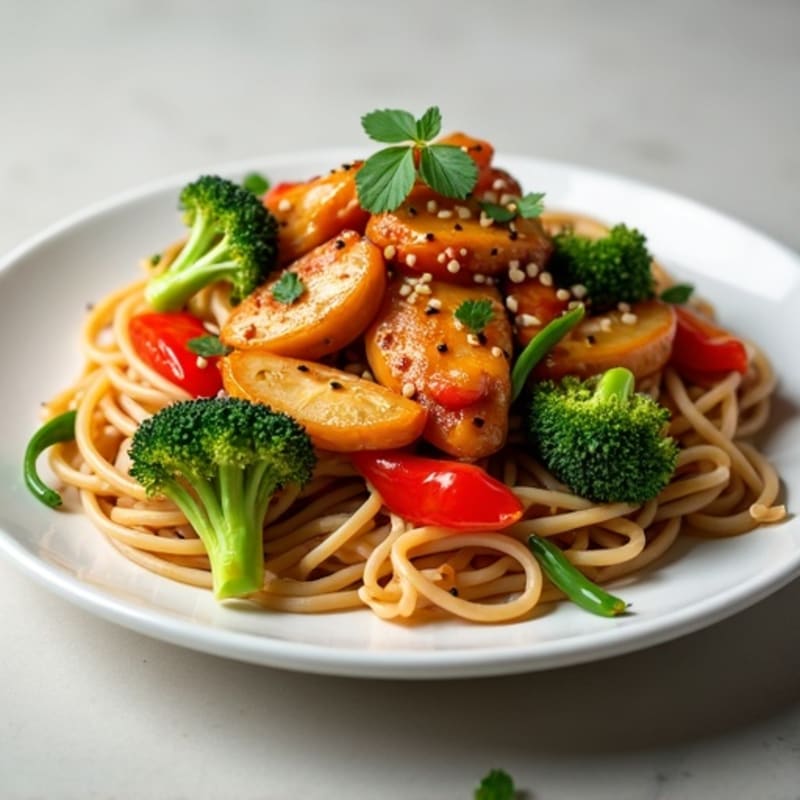 Ginger-Sesame Chicken Stir Fry with Brown Rice Noodles