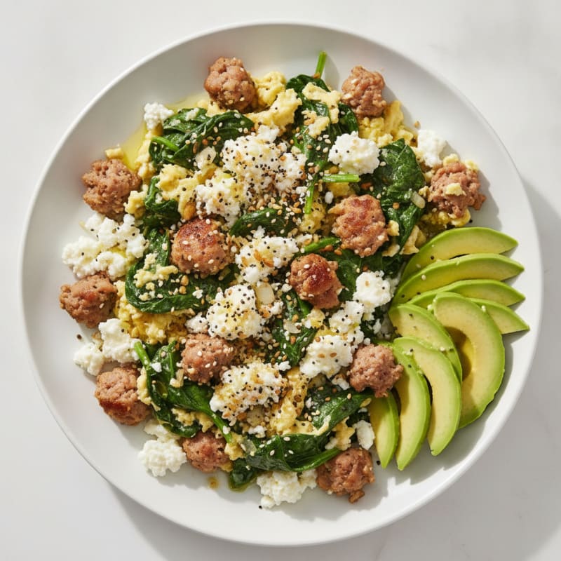 Egg White and Turkey Sausage Scramble with Cottage Cheese and Sautéed Spinach