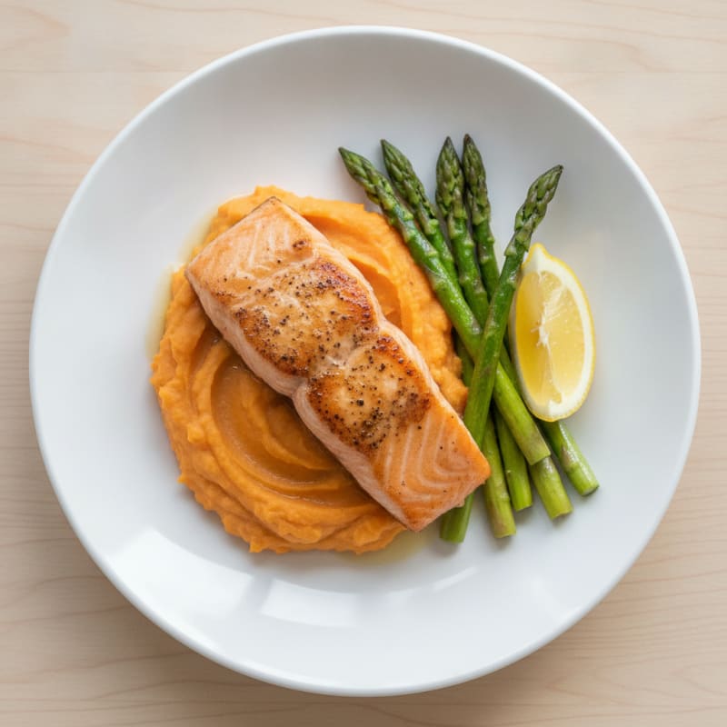 Seared Salmon Fillet with Roasted Asparagus and Sweet Potato Mash