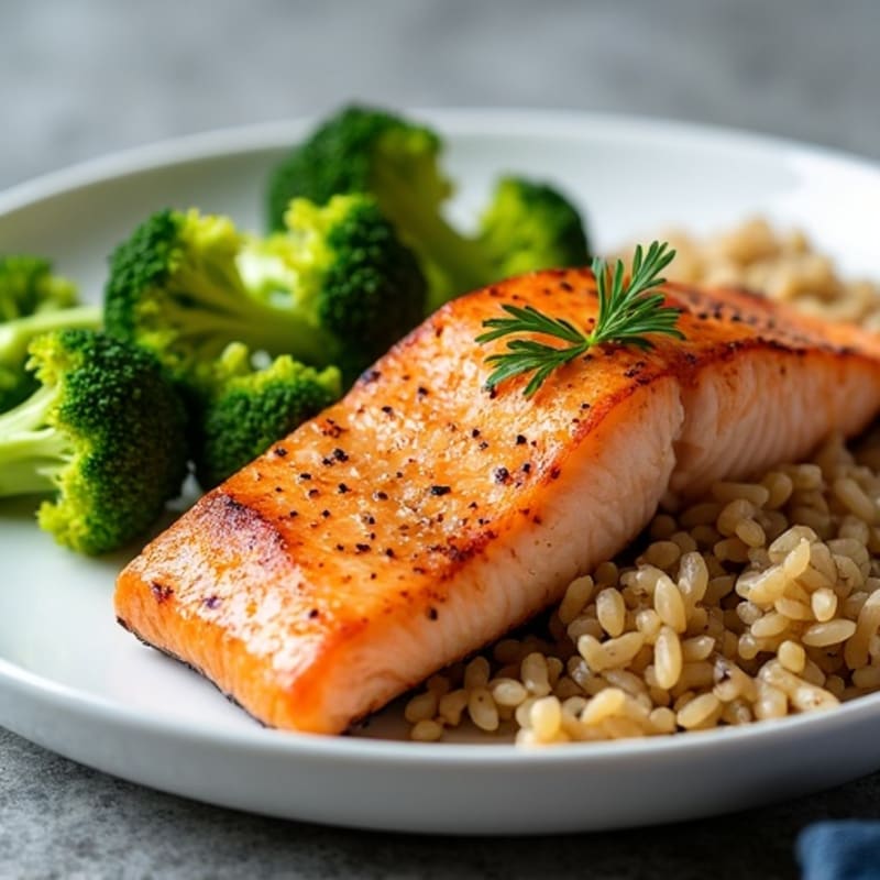 Seared Salmon with Steamed Broccoli and Brown Rice