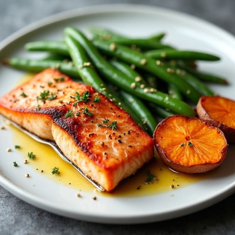 Seared Salmon with Garlic Green Beans and Roasted Sweet Potato