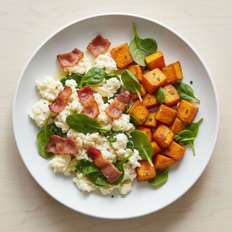 Crispy Turkey Bacon Egg White Scramble with Roasted Sweet Potato