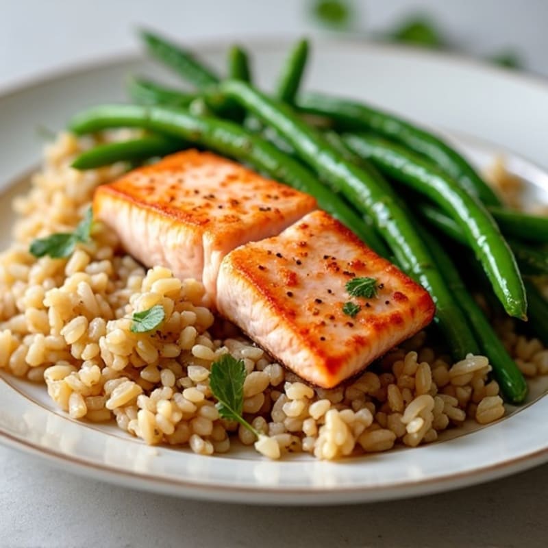 Seared Salmon with Garlic Green Beans and Brown Rice
