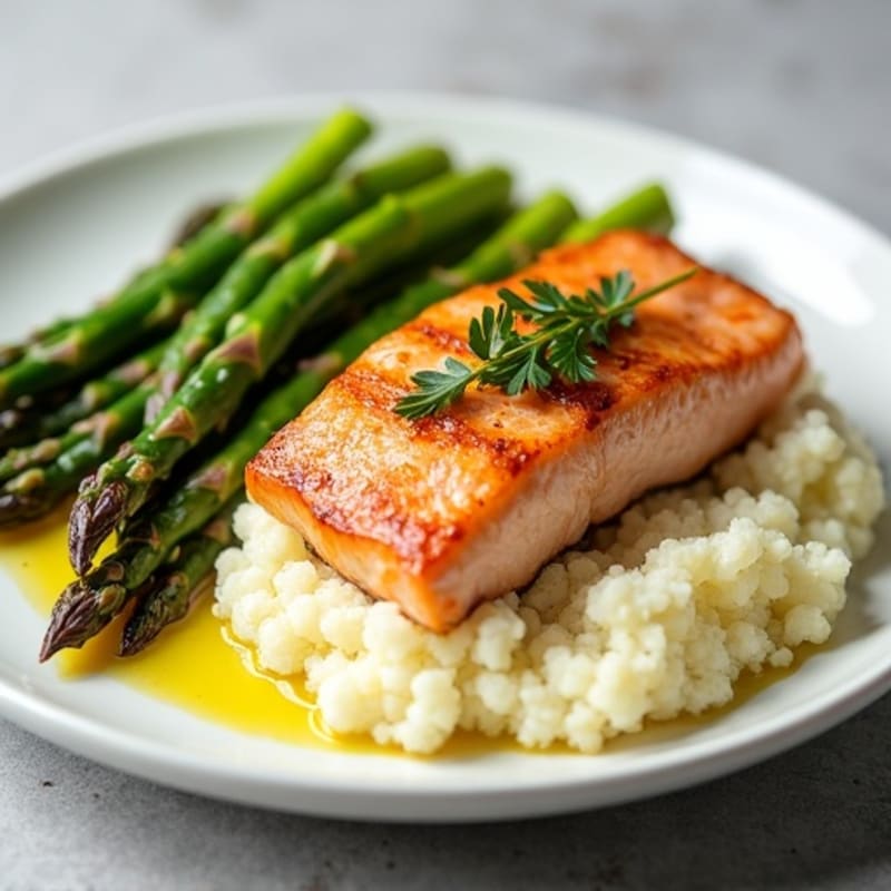 Seared Salmon Fillet with Roasted Asparagus and Cauliflower Mash