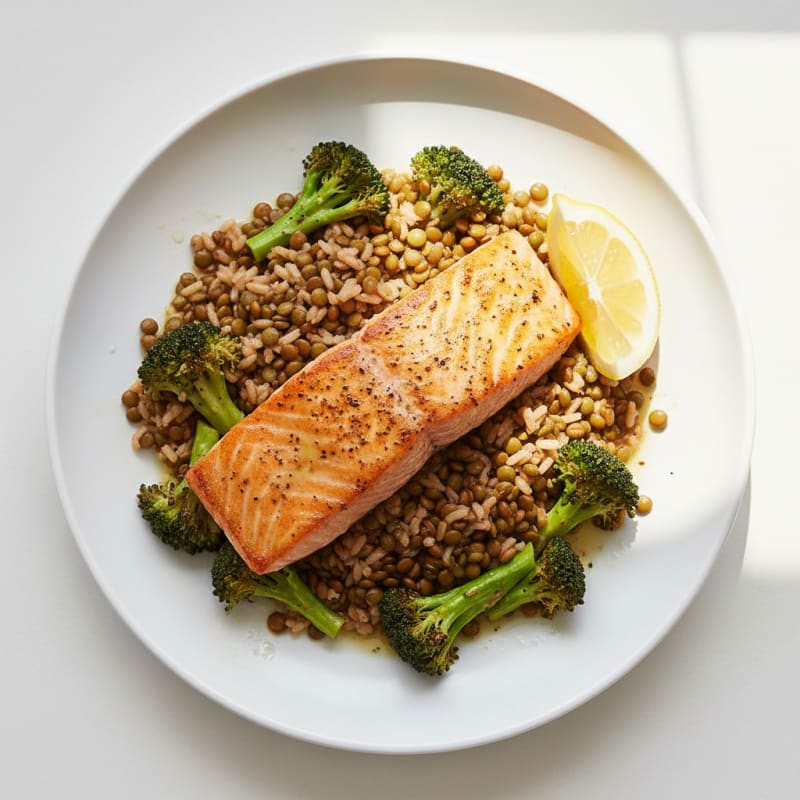 Seared Salmon with Roasted Vegetables and Brown Rice