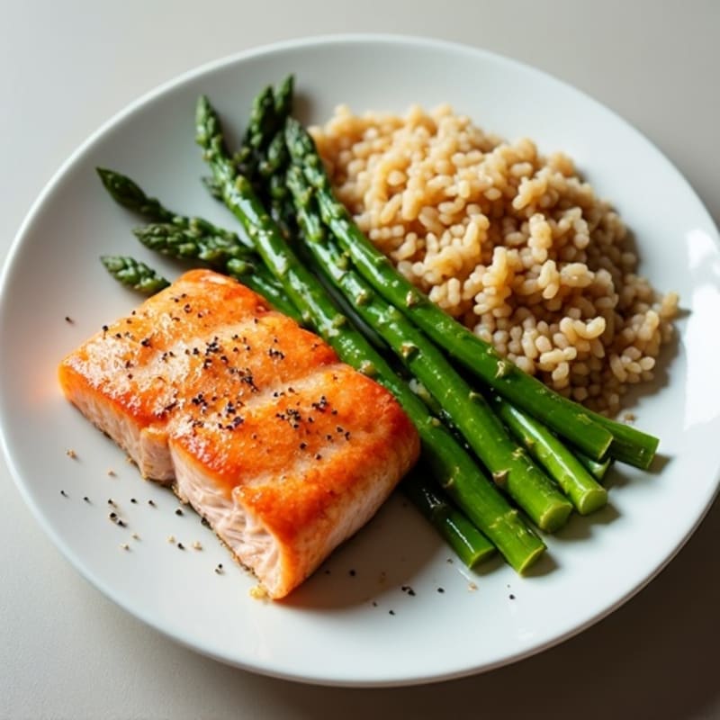 Seared Salmon with Steamed Asparagus and Brown Rice