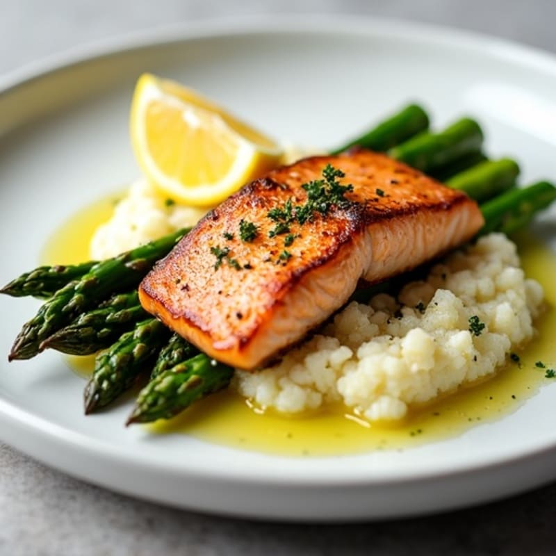Seared Salmon with Asparagus and Garlic Mashed Cauliflower