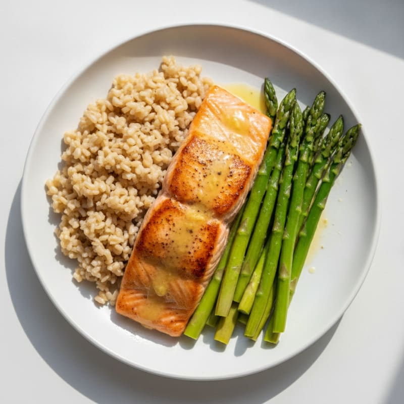 Seared Salmon with Steamed Asparagus and Brown Rice