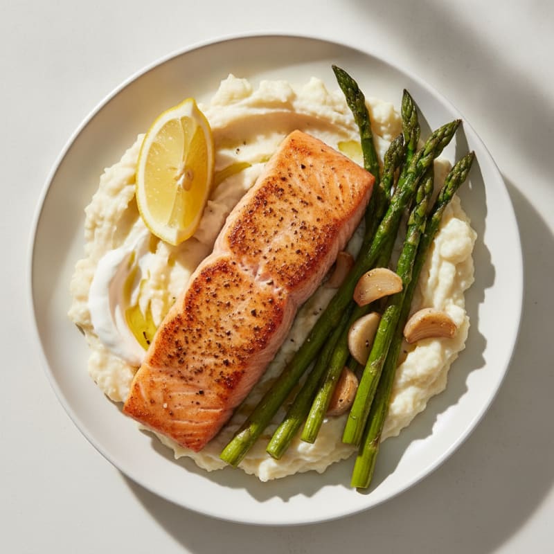 Seared Salmon with Roasted Asparagus and Cauliflower Mash