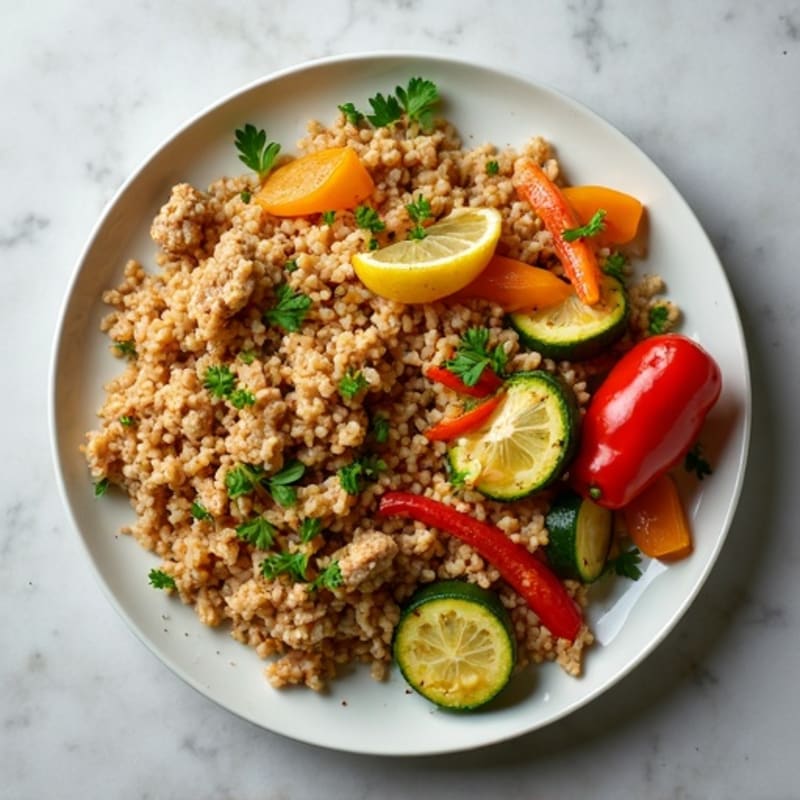 Lemon Herb Ground Turkey with Brown Rice and Roasted Vegetables