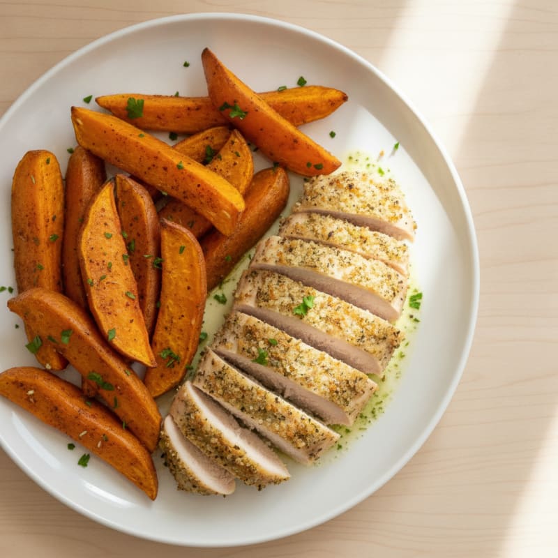 Roasted Sweet Potato Wedges with Herb-Crusted Chicken