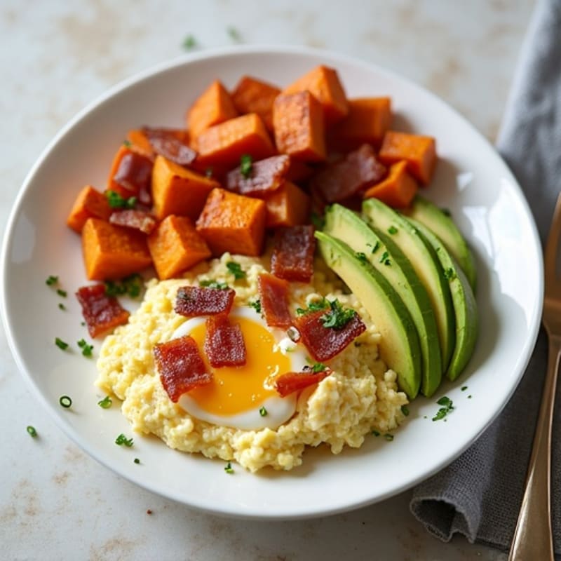 Crispy Turkey Bacon and Egg White Scramble with Roasted Sweet Potatoes