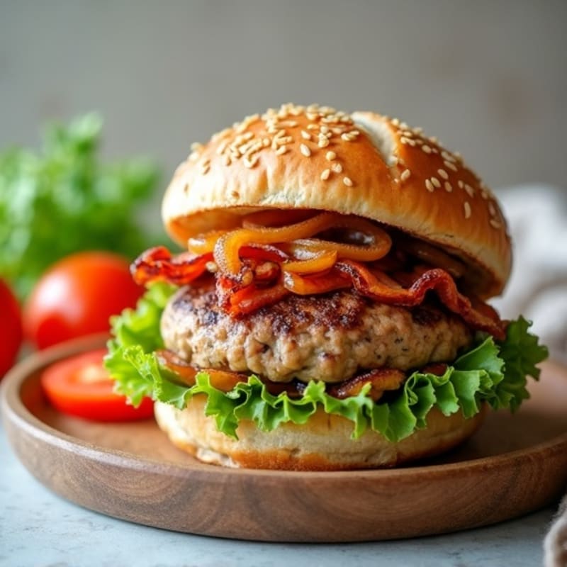 Lean Turkey Bacon Burger with Caramelized Onions