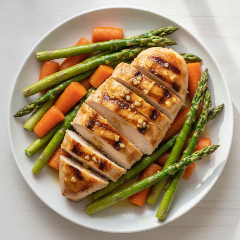Grilled Chicken Breast with Roasted Asparagus and Carrots