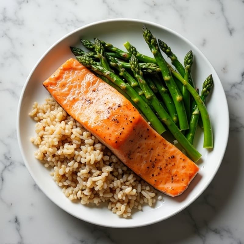 Seared Salmon with Steamed Asparagus and Brown Rice