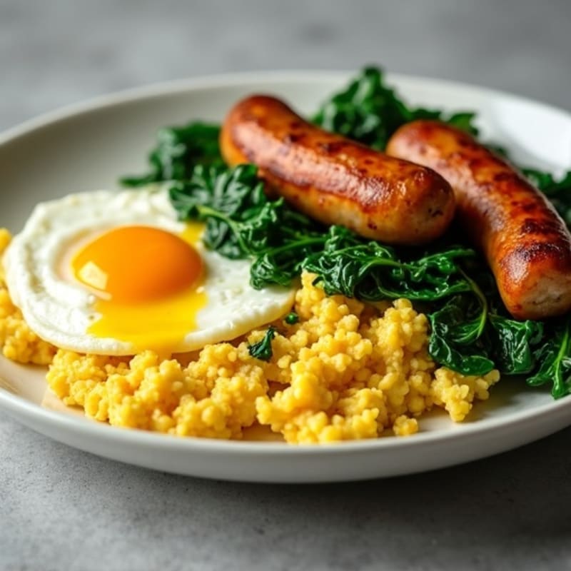 Scrambled Eggs with Sautéed Spinach and Crispy Chicken Sausage