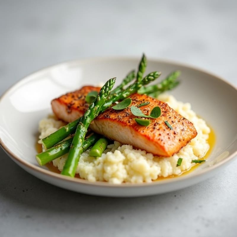 Seared Salmon with Steamed Asparagus and Cauliflower Mash