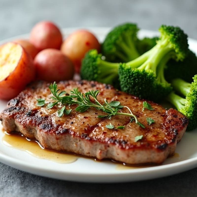 Seared Steak with Garlic Herb Potatoes and Sautéed Broccoli