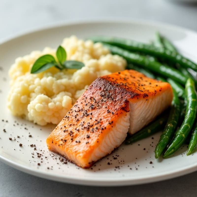 Seared Salmon Filet with Steamed Green Beans and Garlic Mashed Cauliflower