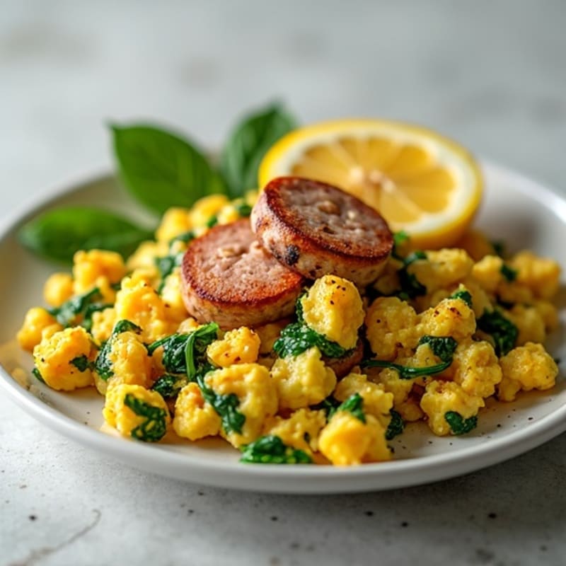 Fluffy Egg and Spinach Scramble with Lean Turkey Sausage